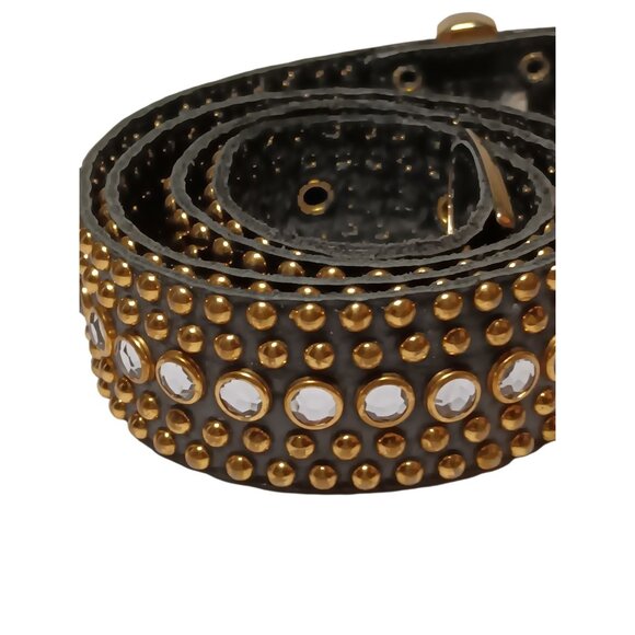 Womens Black Leather Crystal Rhinestone Studded Belt Brass Buckle 28\